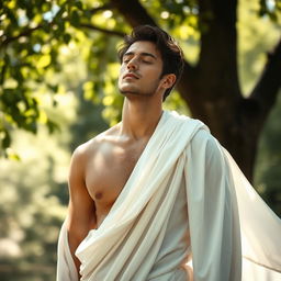 A serene image of a man dressed in flowing white cloth, embodying tranquility and calm