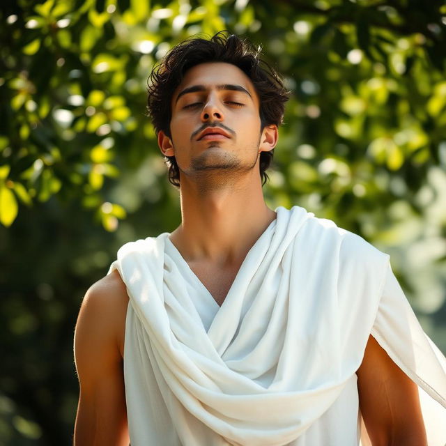 A serene image of a man dressed in flowing white cloth, embodying tranquility and calm