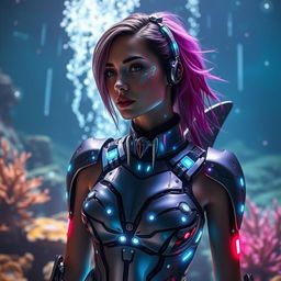 A captivating image of a woman adorned in a custom-designed cyborg shark costume that blends futuristic elements with marine features