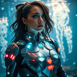 A captivating image of a woman adorned in a custom-designed cyborg shark costume that blends futuristic elements with marine features
