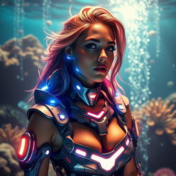 A captivating image of a woman adorned in a custom-designed cyborg shark costume that blends futuristic elements with marine features