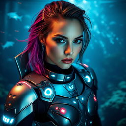 A captivating image of a woman adorned in a custom-designed cyborg shark costume that blends futuristic elements with marine features