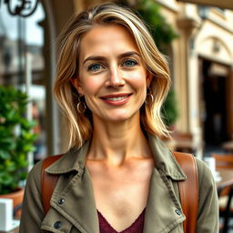 A full-length photograph of a woman aged between 30 to 45 with a natural appearance, minimal makeup, and well-groomed hair