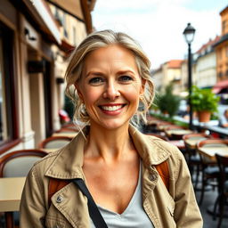A full-length photograph of a woman aged between 30 to 45 with a natural appearance, minimal makeup, and well-groomed hair