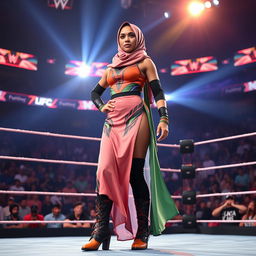 An empowering scene featuring a tall female fighter wearing a stylish hijab, dressed in a colorful, dynamic wrestling outfit complete with a long dress that flows as she moves