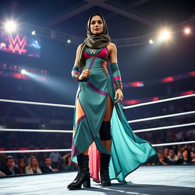 An empowering scene featuring a tall female fighter wearing a stylish hijab, dressed in a colorful, dynamic wrestling outfit complete with a long dress that flows as she moves