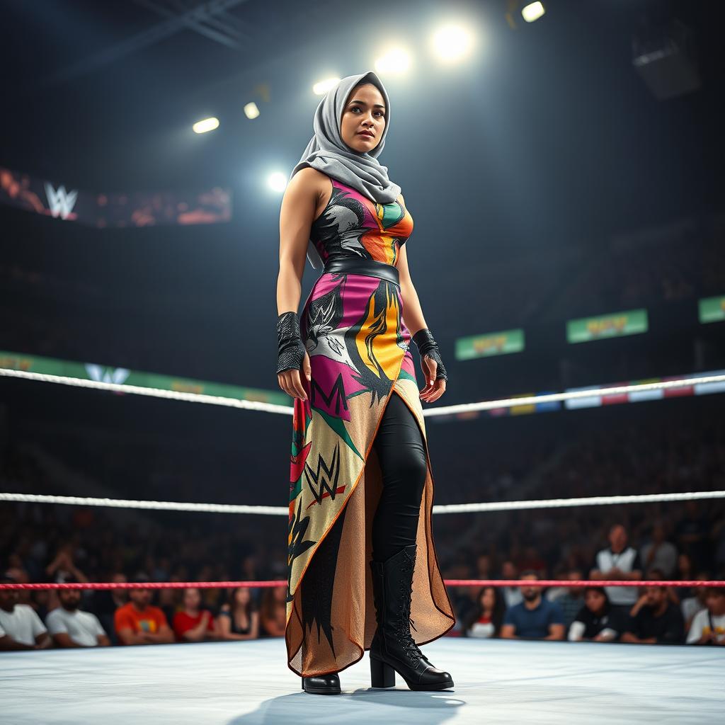 An empowering scene featuring a tall female fighter wearing a stylish hijab, dressed in a colorful, dynamic wrestling outfit complete with a long dress that flows as she moves