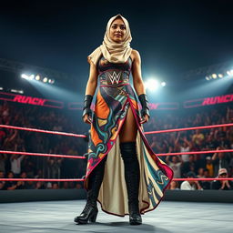 An empowering scene featuring a tall female fighter wearing a stylish hijab, dressed in a colorful, dynamic wrestling outfit complete with a long dress that flows as she moves