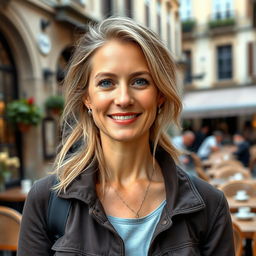 A full-length photograph of a woman aged between 30 to 45 with a natural appearance, minimal makeup, and well-groomed hair