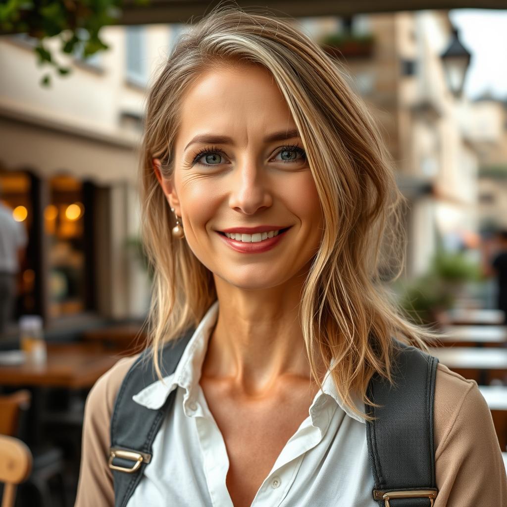 A full-length photograph of a woman aged between 30 to 45 with a natural appearance, minimal makeup, and well-groomed hair