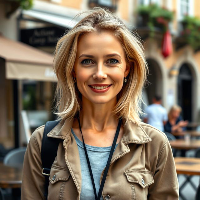 A full-length photograph of a woman aged between 30 to 45 with a natural appearance, minimal makeup, and well-groomed hair