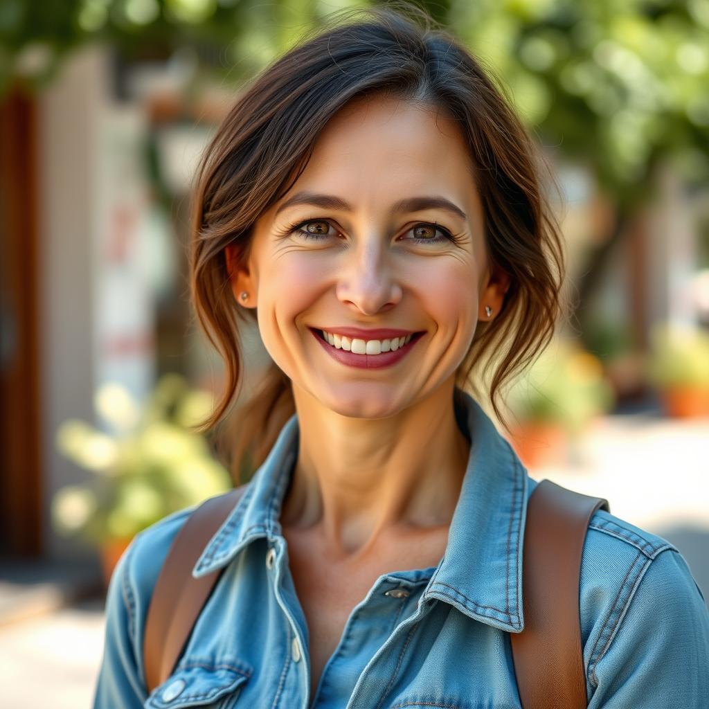 A 35-year-old woman with European features, combining Scandinavian, Slavic, and Mediterranean traits, dressed in casual, everyday clothing