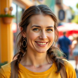 A 35-year-old woman with European features, combining Scandinavian, Slavic, and Mediterranean traits, dressed in casual, everyday clothing