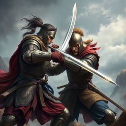 An intense scene depicting a duel between two skilled swordsmen, locked in a fierce battle