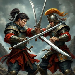 An intense scene depicting a duel between two skilled swordsmen, locked in a fierce battle
