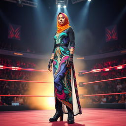 An exciting scene showcasing a tall female fighter wearing a vibrant hijab and a long, flowing dress designed for wrestling