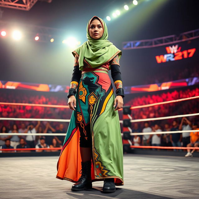 An exciting scene showcasing a tall female fighter wearing a vibrant hijab and a long, flowing dress designed for wrestling