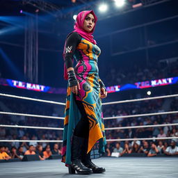 An exciting scene showcasing a tall female fighter wearing a vibrant hijab and a long, flowing dress designed for wrestling