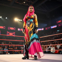 An exciting scene showcasing a tall female fighter wearing a vibrant hijab and a long, flowing dress designed for wrestling