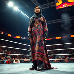 An exhilarating scene showcasing a tall female wrestler wearing a stylish hijab and an eye-catching abaya designed for combat