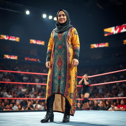 An exhilarating scene showcasing a tall female wrestler wearing a stylish hijab and an eye-catching abaya designed for combat
