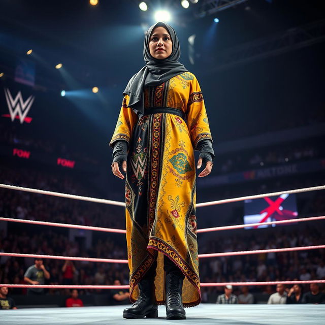 An exhilarating scene showcasing a tall female wrestler wearing a stylish hijab and an eye-catching abaya designed for combat