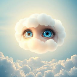 A surreal digital artwork featuring a pair of striking blue eyes floating in a dreamy sky