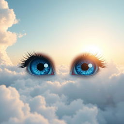 A surreal digital artwork featuring a pair of striking blue eyes floating in a dreamy sky