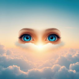 A surreal digital artwork featuring a pair of striking blue eyes floating in a dreamy sky