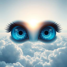 A surreal digital artwork featuring a pair of striking blue eyes floating in a dreamy sky