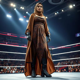 A powerful and dynamic scene featuring a tall female wrestler wearing a stylish hijab and a beautifully designed abaya with striking patterns suited for combat