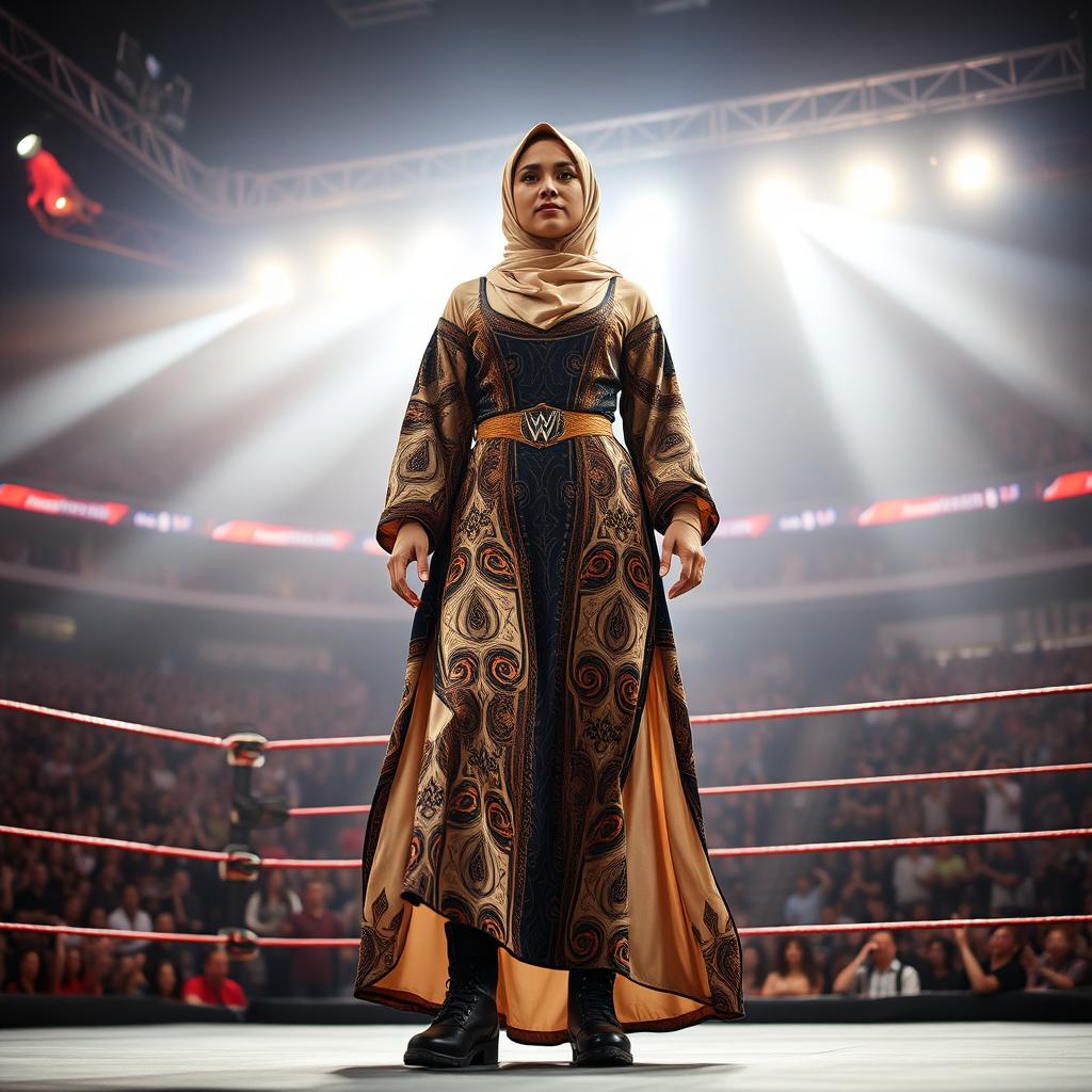 A powerful and dynamic scene featuring a tall female wrestler wearing a stylish hijab and a beautifully designed abaya with striking patterns suited for combat