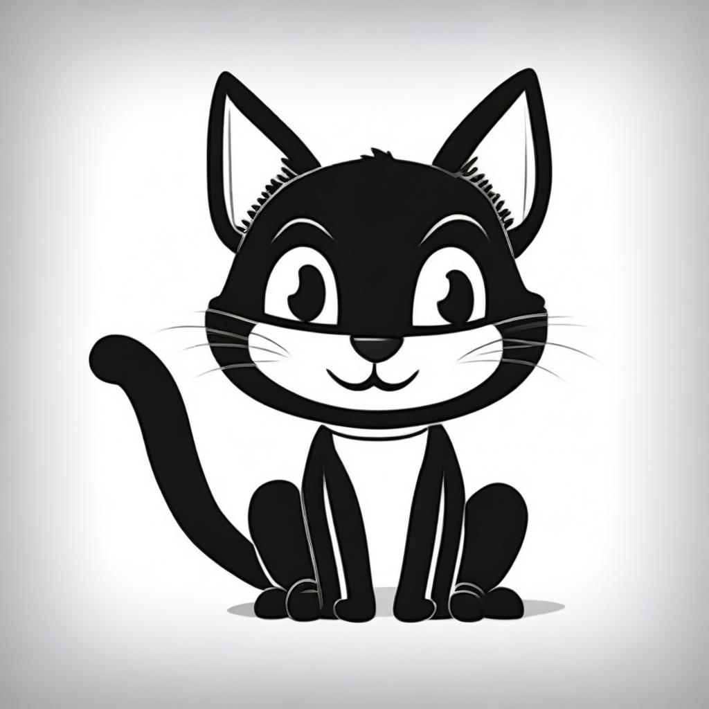 A simple black and white cartoon illustration of a mischievous black cat.