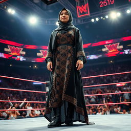 A powerful and dynamic scene featuring a tall female wrestler wearing a stylish hijab and a beautifully designed abaya with striking patterns suited for combat