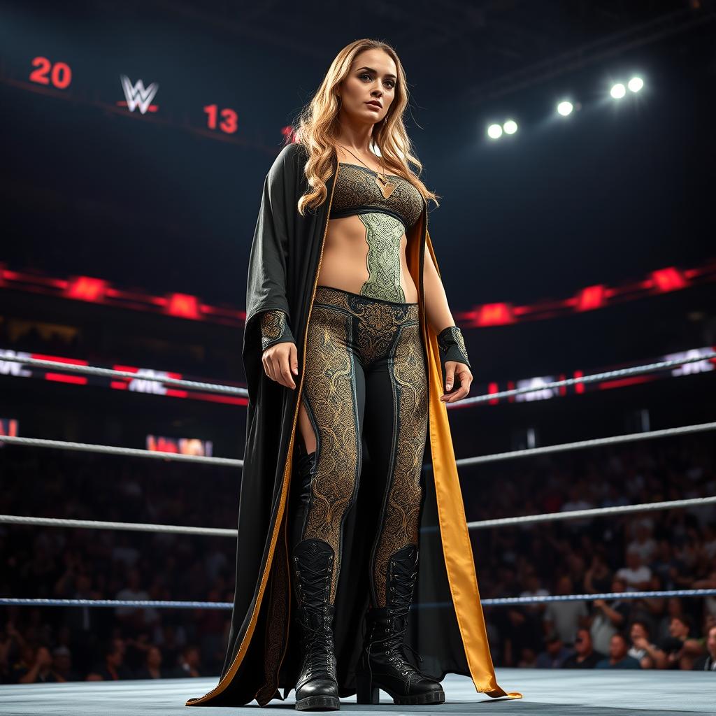 A striking scene of a tall female wrestler wearing a stunning black and gold abaya designed for combat, emphasizing her strong physique