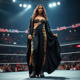 A striking scene of a tall female wrestler wearing a stunning black and gold abaya designed for combat, emphasizing her strong physique