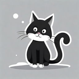 A simple, flat design, black and white cartoon illustration of a playful black cat