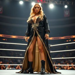 A striking scene of a tall female wrestler wearing a stunning black and gold abaya designed for combat, emphasizing her strong physique