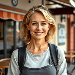 A full-length photograph of a woman aged between 30 to 45 with a natural appearance, minimal makeup, and well-groomed hair