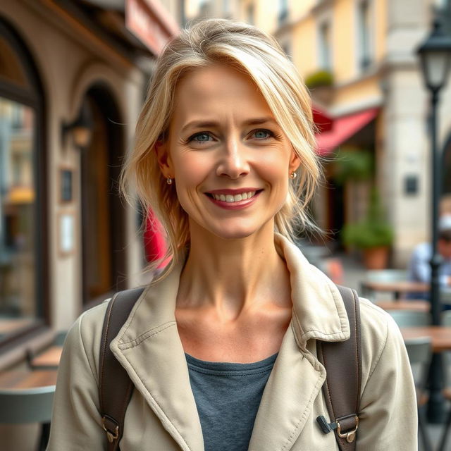 A full-length photograph of a woman aged between 30 to 45 with a natural appearance, minimal makeup, and well-groomed hair