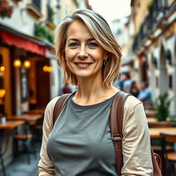 A full-length photograph of a woman aged between 30 to 45 with a natural appearance, minimal makeup, and well-groomed hair
