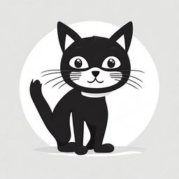 A simple, flat design, black and white cartoon illustration of a playful black cat