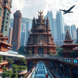 A futuristic city inspired by the Majapahit empire, blending traditional Southeast Asian architectural elements with advanced technology