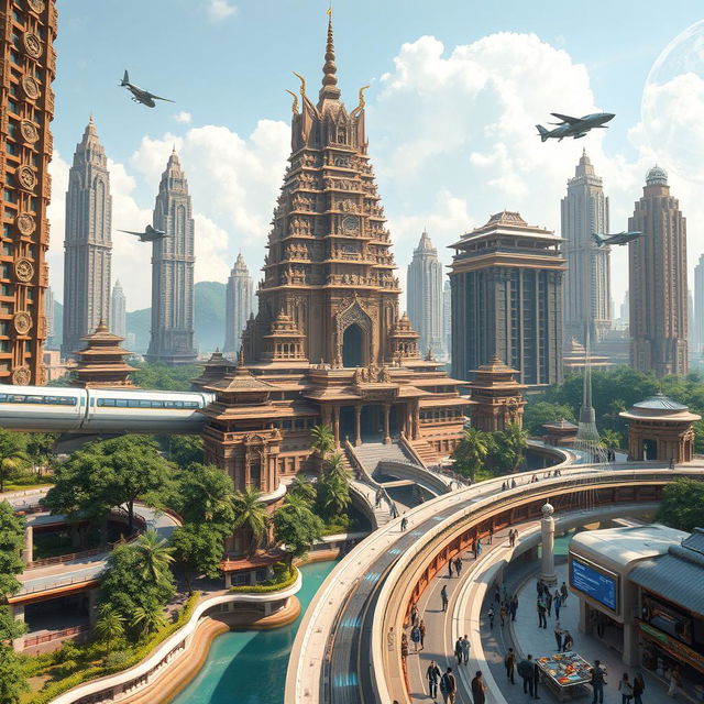 A futuristic city inspired by the Majapahit empire, blending traditional Southeast Asian architectural elements with advanced technology