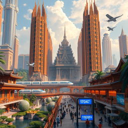 A futuristic city inspired by the Majapahit empire, blending traditional Southeast Asian architectural elements with advanced technology