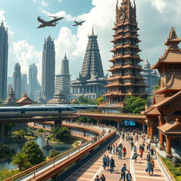 A futuristic city inspired by the Majapahit empire, blending traditional Southeast Asian architectural elements with advanced technology