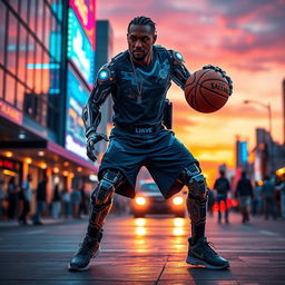 A futuristic cyborg version of George Floyd, featuring advanced cybernetic enhancements such as glowing blue circuits, mechanical limbs, and a sleek metallic body