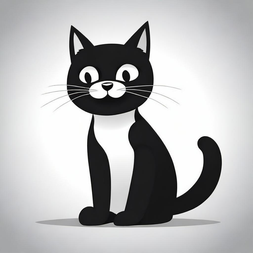 A simple, flat design, black and white cartoon illustration of a playful black cat