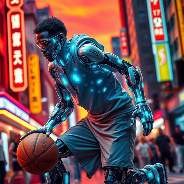 A futuristic cyborg version of George Floyd, featuring advanced cybernetic enhancements such as glowing blue circuits, mechanical limbs, and a sleek metallic body