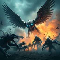 A colossal mechanical Garuda, an imposing figure inspired by the mythical bird from Southeast Asian folklore, fiercely battling a horde of menacing monsters